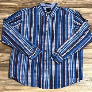 Tommy Bahama Shirt Mens XXL Blue Red Striped Silk Cotton Button Up Long Sleeve